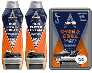 Astonish Specialist Hob Cream Cleaner, Tough on Burnt-On Stains, 2 x 500ml and Astonish Oven & Grill Cleaner & Sponge, Easy to Use with No Harsh Chemicals, 1 x 250g Bundle