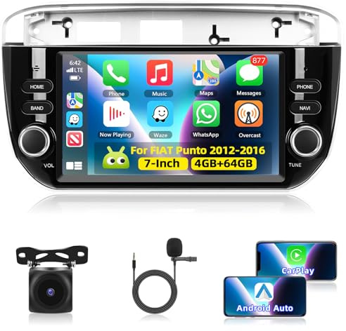 Motorsi 4+64G Carplay Autoradio per Fiat Punto 2012-2016 con Wireless Android Auto, 7 Bluetooth Car Stereo Schermo con GPS Navigation/WiFi/RDS/FM/SWC/Mirror Link/Canbus+AHD/CVBS Telecamera