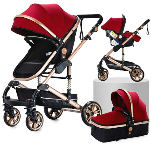 Passeggino reversibile 3 in 1,sospensioni anteriori,chiusura compatta One-Touch per un facile stoccaggio(Rosso)