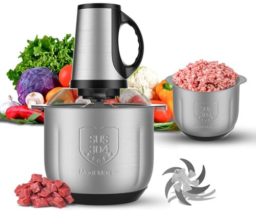 Picadora eléctrica, mini picadora de carne eléctrica de 5 l con hoja de seis hojas, 3 niveles de velocidad, acero inoxidable, 300 W, motor de cobre puro, para carne, verduras, cebolla y frutas