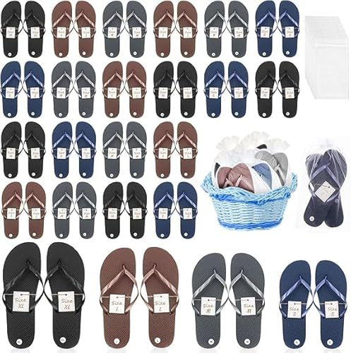 Lot de 24 Paires de Tongs en Vrac pour Invités de Mariage – Chaussons Spa Hôtel avec Étiquettes de Taille et Sacs à Cordon – Cadeaux de Fête pour Mariage, Spa ou Piscine (6 Paires par Taille)