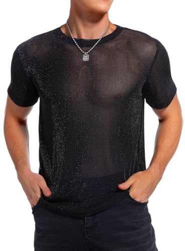 HAWILAND Maglia a Rete Uomo Canottiera Uomo con Glitter Trasparente per, Concerto e Streetwear Estate Rave Techno Sexy, Nero, XL