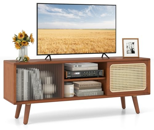 COSTWAY Mobile TV Fino a 55, Mobile Porta TV Salloto (Marrone) | Mobiletto Soggiorno con 2 Ante Scorrevoli, Tavolo Consolle con Gambe in Legno Gamba, 120,5 x 31 x 45,5 cm