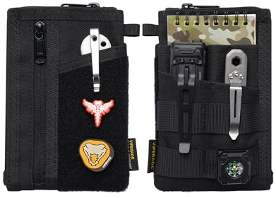 VIPERADE VE38 EDC Pocket Organizer, Slim EDC Wallet with 2 Zipper Pockets, EDC Pouch - 3 EDC Slots with 1 Larger Pocket for Flashlight, Multitool, Pen, Notebook (Black-(up to Side), 6.4×4.3”)