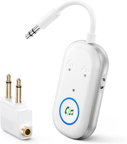 Ankilo Transmisor y transmisor Bluetooth 5.3 para avión, Adaptador Bluetooth 2 en 1 con avión, TV, estéreo, Divisor, para Auriculares MP3/MP4, Altavoces HiFi, portátil, TV, Color Blanco