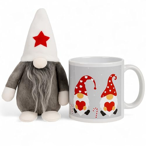 MIJOMA Geschenkset Becher mit Weihnachtswichtel – Kaffeebecher 350 ml aus Steingut mit Kuschel-Wichtel – liebevolle Teetasse Henkelbecher Weihnachten (Grau-Hellgrau)