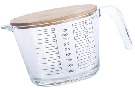 DOITOOL Jarra Medidora de Vidrio Resistente al Calor 1000 Ml con Tapa de Madera Taza Medidora Graduada para Uso Doméstico Cocina y Repostería