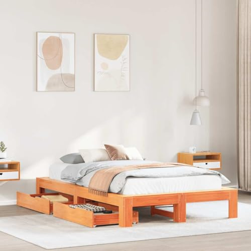 Ordellia Massiv träsäng, furu, vaxbrun, 135 x 190 cm, sängram med ribbotten, 2 lådor, plattformssäng för sovrum, möbler