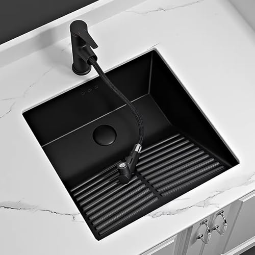Lavandino in Ceramica Nera Bagno con Asse per il Bucato Integrata, Lavatoio Lavanderia, Lavabo Bagno, con Rubinetto Estraibile e Kit di Scarico, Ideale per Lavanderie, Balconi(47x47cm/18.5x18.5in)