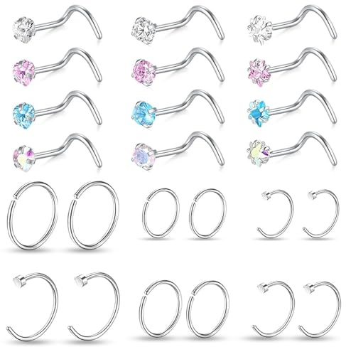 nuneoeuo 24Pcs Stainless Steel Nose Studs Nose Piercing Jewellery,Nose Piercing Stud Corkscrew NoSe Stud Corkscrew Suitable for Daily Wear, NoSe Jewellery for Women（Round Square Heart Star）