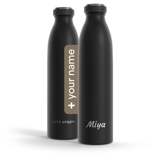 LARS NYSØM Botella de acero inoxidable personalizada 350 ml, 500 ml, 750 ml, 1L, 1,5L | Botella térmica con grabado para bebidas con gas | Botella como regalo con nombre (Carbon Black, 750ml)