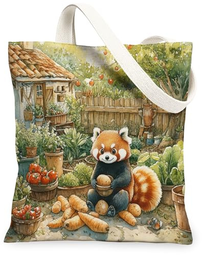 Spring Red Panda Gardening Canvas Tote Bag for Shopping 13x15, Animal Farmhouse Country Reusable Grocery Print Pattern Bag for Women, Planting Aesthetic Painting Gift Decor
