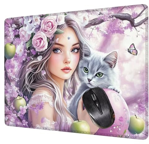 Lila Alfombrilla Raton Gaming 420x350x3mm, Alfombrilla Escritorio Gato Mouse Pad con Base Goma Antideslizante, con Bordes cosidos, Superficie Impermeable, para Oficina PC Portátil Tapete Rato H0-538