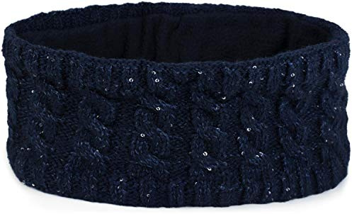 styleBREAKER Damen Strick Stirnband Zopfmuster Viskose, Dunkelblau | Thermo-Innenfutter gegen Kälte, glänzende Pailletten, dehnbar für Kopfumfang bis 59 cm, 9 cm breit, Bund 24 cm ungedehnt.