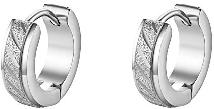 JewelryWe Schmuck Creolen Ohrringe Edelstahl Sandgestrahlt Streifen Huggie Hoop Klappcreolen Ohrschmuck Ohrstecker für Herren Damen, Schwarz Gold Silber