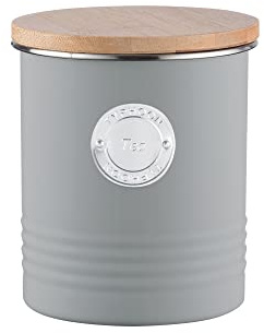 Typhoon Living - Vorratsbehälter Tee, pastellgrau, 1 Liter, Grau | Teedose, pulverbeschichteter Karbonstahl, luftdichte Silikondichtung, nachhaltiges Bambusholz, 12×12×14 cm