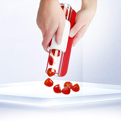 Pomodori ciliegia, uva ciliegia, pomodori piccoli e altri tagliapasta per frutta, affettatrici, frutta, tagliata a metà, insalata di frutta e verdura
