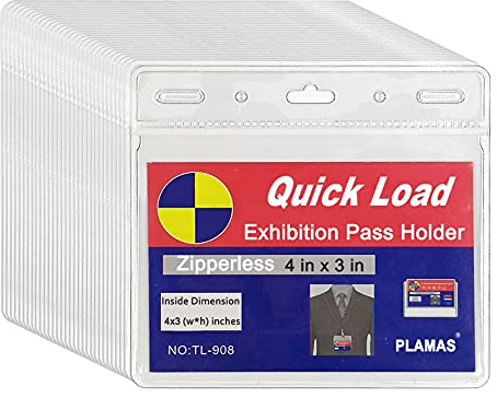 250 Pack - WTQ Zipperless Badge Holders (Fits 4x3in Inserts), Horizontal, Non-sealable, Quick Open Vinyl Pouch for Name Badge, Clear Plastic Sleeve for Tickets, Sports Cards