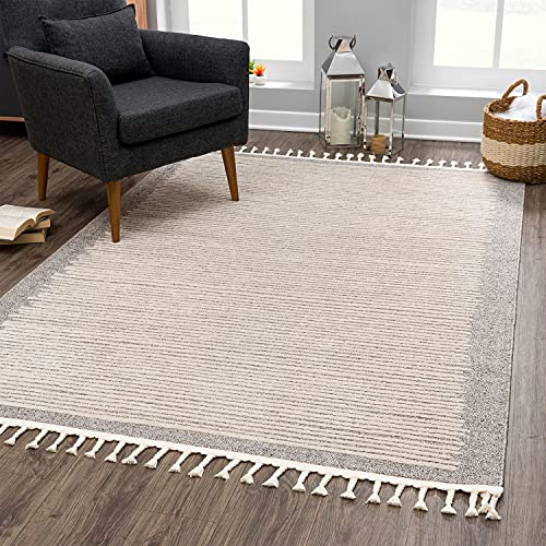 payé Teppich Wohnzimmer mit Fransen Deko Boho - Braun-Beige Streifen - 120x170cm - Kurzflor Schlafzimmer Flur Dekoration Läufer - Skandinavische Teppiche