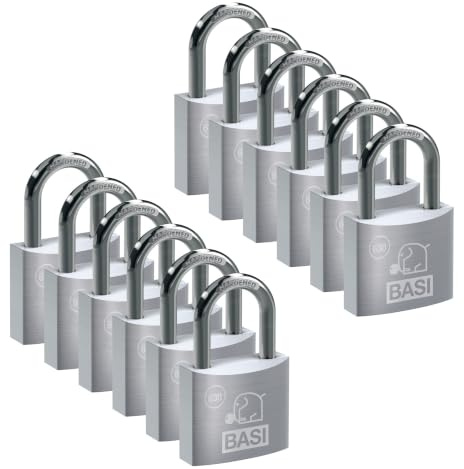 BASI | Vorhangschloss 12er Set | 50 mm | gleichschließend | massives Aluminium-Gehäuse | gehärteter Stahlbügel | sicheres Vorhängeschloss gleichsperrend | Bügelstärke 9 mm | 12 Stück