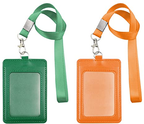 2 Stück Ausweishalter für Büroausweis, PU-Leder, Namensschild-Halter, Arbeitskartenhalter mit Kartenschlitz, Schlüsselband (Dunkelgrün, Orange)