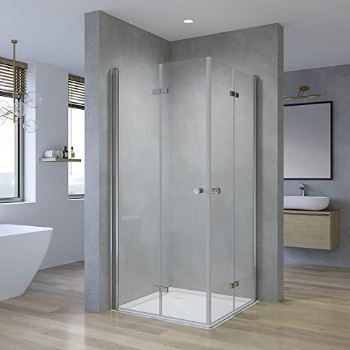 Duschkabine Eckeinstieg Falttür Drehfalttür 90x90 x 187 cm faltbare Duschwand Glas für Ebenerdige Dusche Duschabtrennung Duschtrennwand 180º faltbar klappbar Duschfaltwand Faltdusche Echtglas klar