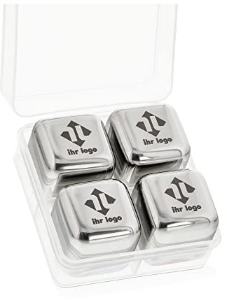 STEMPEL-FABRIK – personalisierte Eiswürfel aus Edelstahl – 4 gravierte Ice Cubes mit Aufbewahrungsbox – wiederverwendbare Kühlsteine für Getränke – Kühlung ohne Verwässern