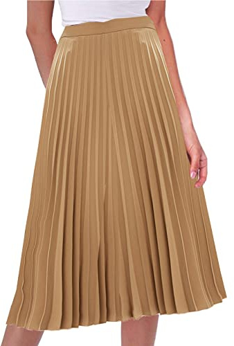 kinstell Gonna a pieghe da donna elastica a vita alta con gonna a trapezio Midi Swing Gonna elegante vintage lunga, cachi, M