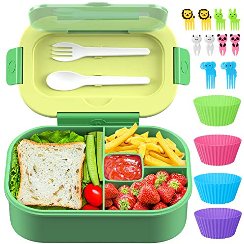 TIME4DEALS Bento Lunch Box Leakproof 44oz Kids Lunch Box Containers with 4 Compartment, Bento-Style Lunch Bento Box with Cutlery, Reusable Kid Back to School Meal/Snack Packing BPA Free (Green)