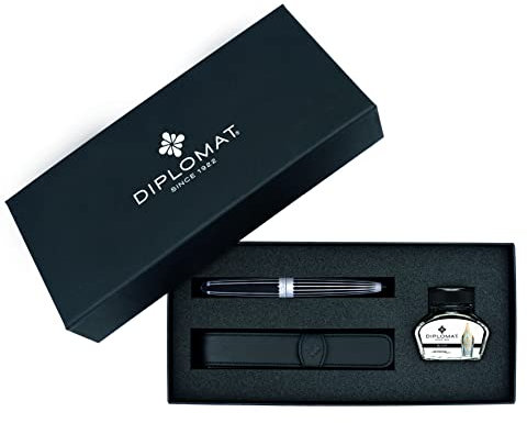 DIPLOMAT - Geschenkset Füllfederhalter Aero Stripes - Aluminium & Schwarz - 1 Füllhalter + 1 Tintenfass mit schwarzer Tinte + 1 Lederetui - 5 Jahre Garantie