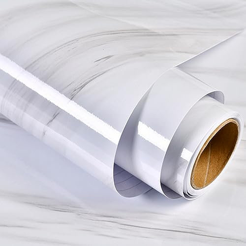 MOCNT Marmor Klebefolie Selbstklebende Glänzend 60cm x 5m Möbelfolie Wasserdicht Küchenschrank Tischplatten Dekorfolie Möbel Küchenfolie Oberflächenschutz Renovierung Tapeten Weiß