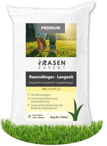 Premium Langzeitdünger Fläche 500m² - 25 kg Rasendünger - NPK Dünger mit Meeresalgen - Frühjahr bis Herbst - staubarmes Granulat geeignet für Streuwagen - fördert Bodenfruchtbarkeit