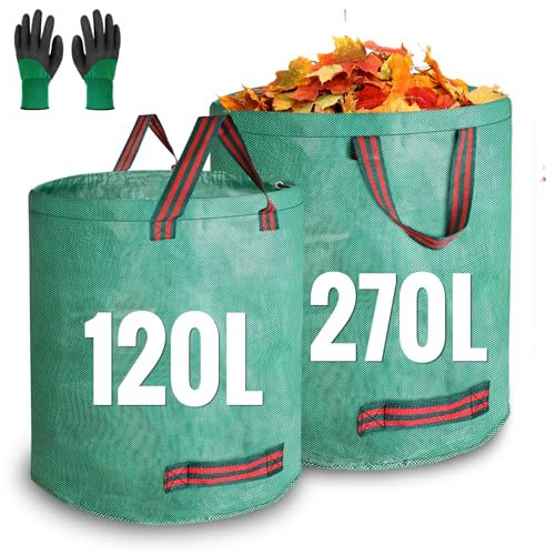 JARDILIFE Gartenabfallsäcke, strapazierfähig, 120 x 270 l, 2 Stück, wiederverwendbare Gartensäcke mit 1 Paar Gartenarbeitshandschuhen, Gartengerätebeutel für Gartenabfälle, Pflanzenabfälle,