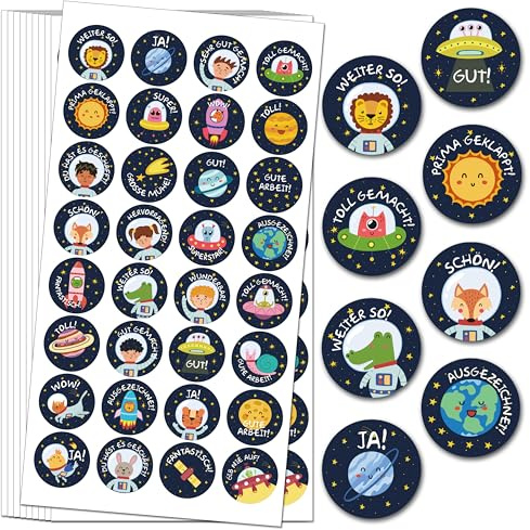 1600 Stück Weltraum Belohnungsaufkleber, 25mm Motivationsaufkleber für Kinder, 32 Muster Selbstklebende Lehrer Belohnung Aufkleber, Deutsch Belohnungssticker Reward Stickers für Lehrerbedarf