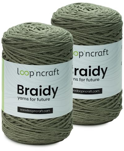 Loopncraft Makramee Garn 2er-Set Khaki - 2 X 2mm - 250m - 250g, Kettengarn, Braidy Recycling Garn, Black Friday