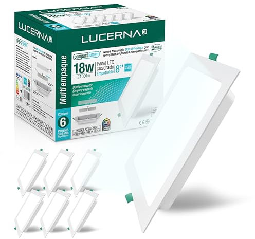 Lucerna Downlight LED Empotrable Cuadrado - Pack de 6 Focos LED para Techo Interior - Plafón Luz Fría (6500K, 18W)