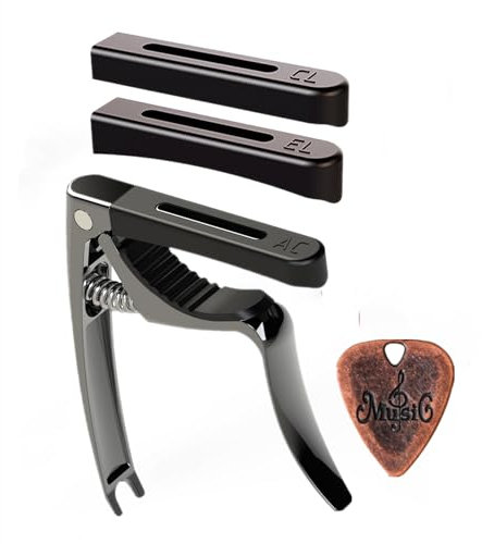 AUPHY Kapodaster mit 3 austauschbaren Silikonaufsätzen, passt zu verschiedenen Gitarrenbundbrettkrümmungen, inklusive eines Metall-Pick(Mattes Schwarz)