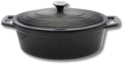 ELO Casseruola ovale con coperchio, 41 x 25 cm, in ghisa, smaltata di alta qualità, facile da pulire, antiaderente, adatta al forno, padella indutkion, grigio