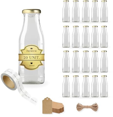 Espirito Rebelde 20 bottiglie di vetro vuote da 500 ml con scatola, filo, etichette kraft e etichetta personalizzabile, bottiglie di vetro per succo, latte, barbecue, salse, matrimoni