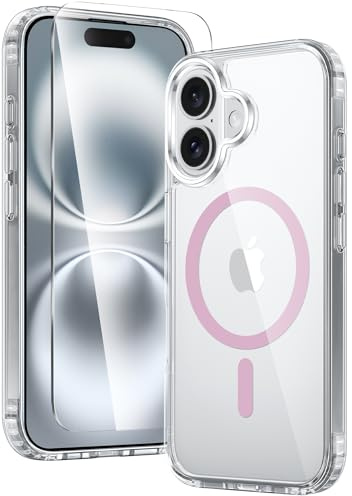 FNTCASE for iPhone 16 Case: Clear Magnetic Military Grade Drop Protection Anti Yellowing Slim Case - Rugged Shockproof Protective Transparent Cell Phone Cover(Pink)