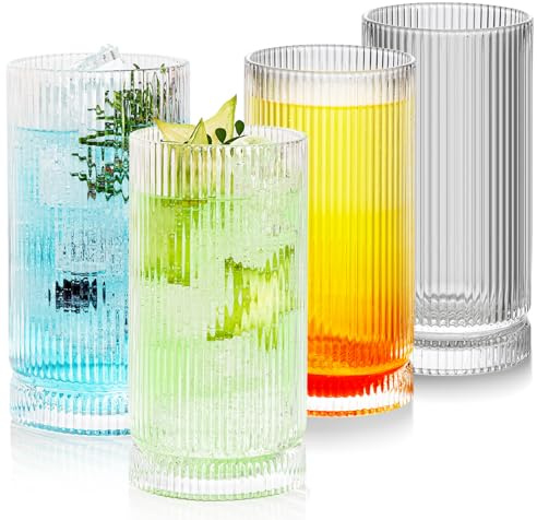 Elegante Longdrinkgläser Geriffelte Gläser Trinkgläser Set 480ml 4er Glas | Spülmaschinenfestes 4er Longdrinkgläser Set. BPA-freies, bleifreies Glas mit vertikal geripptem Design für sicheren Griff.