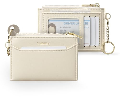 Vulkitty Slim Kartenetui Damen mit Schlüsselanhänger und Ausweisfenster, Minimalistisches Portemonnaie mit RFID-Schutz für Karten, Geldscheine, Schlüssel und Münzen, Beige