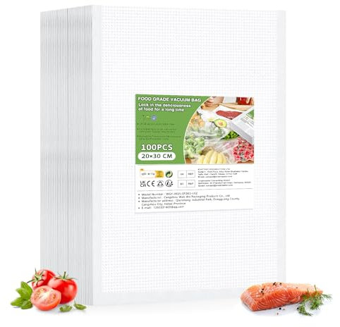 Oderra Sacchetti Sottovuoto Alimentari 100 Pezzi 20x30 cm - Buste per Conservazione Sottovuoto, Sigillatura Ermetica e Freschezza Alimenti - Compatibili con Macchine per Sottovuoto