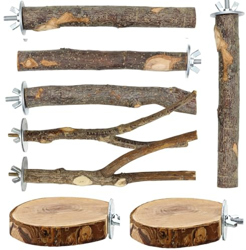 PERSENTU 8 PCS Bird Cage Perches for Budgies, Cockatiel, Cockatoo, Parakeet, Parrot, Macaw, & Small Birds - Natural Wooden Platform Perch Set, Easy Install Cage Accessories
