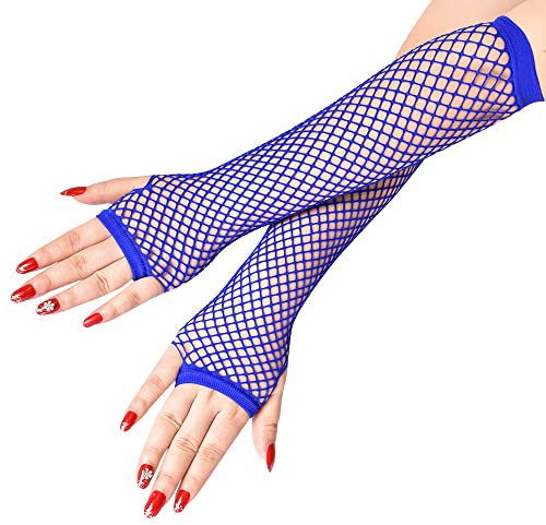 3 Paar Lange Fingerlose Netzhandschuhe Damen FischHandschuhe Rock Handschuhe Fishnet Gloves Spitzenhandschuhe Opernhandschuhen Netzärmel Armstulpen für Hochzeiten Opern Dinnerpartys Prom (Blau)
