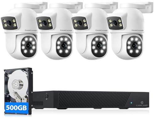 CAMCAMP 4MP Kit Camaras de Vigilancia Exterior PoE, 8 Canales H.265+ NVR,500GB HDD,4X 2K Kit Cámaras IP de Videovigilancia Doble Lente Vista,Grabación 24/7,Alerta de Correo Electrónico,Visión Nocturna