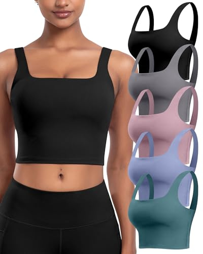 Womens Sports Bras 5 Packs - Square Neck Longline Workout Crop Tank Tops Padded Yoga Camisole with Built in Pads (BlackGreyPinkBlueTeal, M)