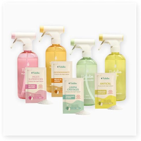 Natulim 4 Pack Esenciales del Hogar - Desengrasante, Antical, Limpiacristales y Multisuperficies - Set Pulverizador Recargable 500 ml + 8 Sobres de Recarga - Formula Eficaz y Natural (1 Sobre = 500ml)