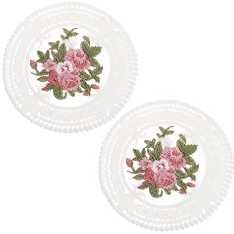 HOLIDYOYO 2 Pièces napperon Dessous de Verre décoratif sous-Verre brodé Floral Lieu Rose Petit Nappe de Table napperons de Fleurs Chariots pour Table Dentelle Blanche