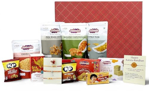 Emartbuy Family Rakhi Gift Hamper with Indian Snacks, Moli & Spiced Tea | Raksha Bandhan box with OM rakhi, roli chawal, besan laddu, bhakarwadi, banana chips, namkeen, tea and biscuits for brother